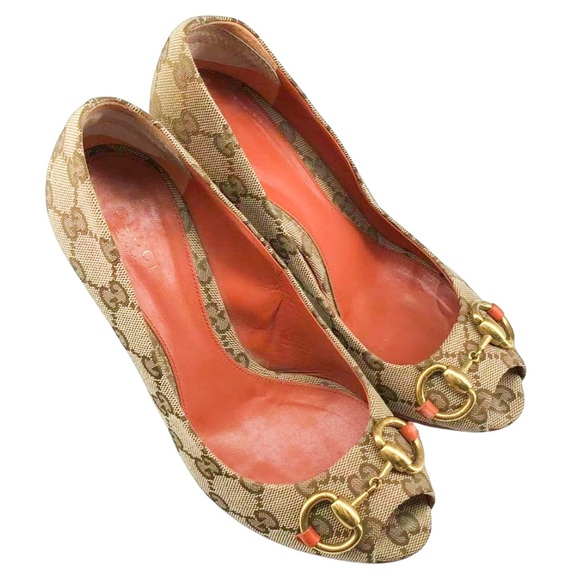 Gucci GG Canvas Horsebit Peep Toe Heels Pumps Size 36 - Picture 3 of 8